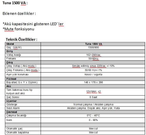 UYGAR ENERJİ TUNA 1500VA 2x12V 9AH Akülü Line Interactive UPS